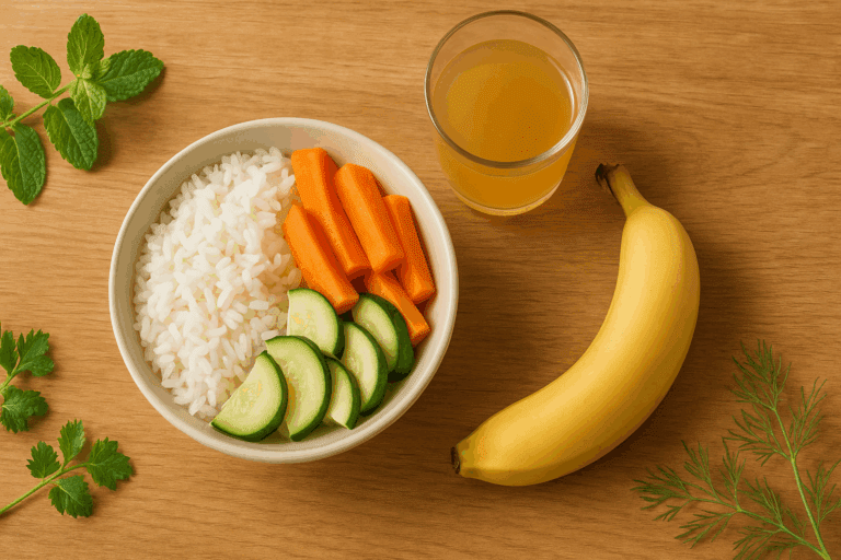 Easy-to-digest foods including white rice, steamed carrots and zucchini, banana, and bone broth arranged on a wooden table with fresh herbs