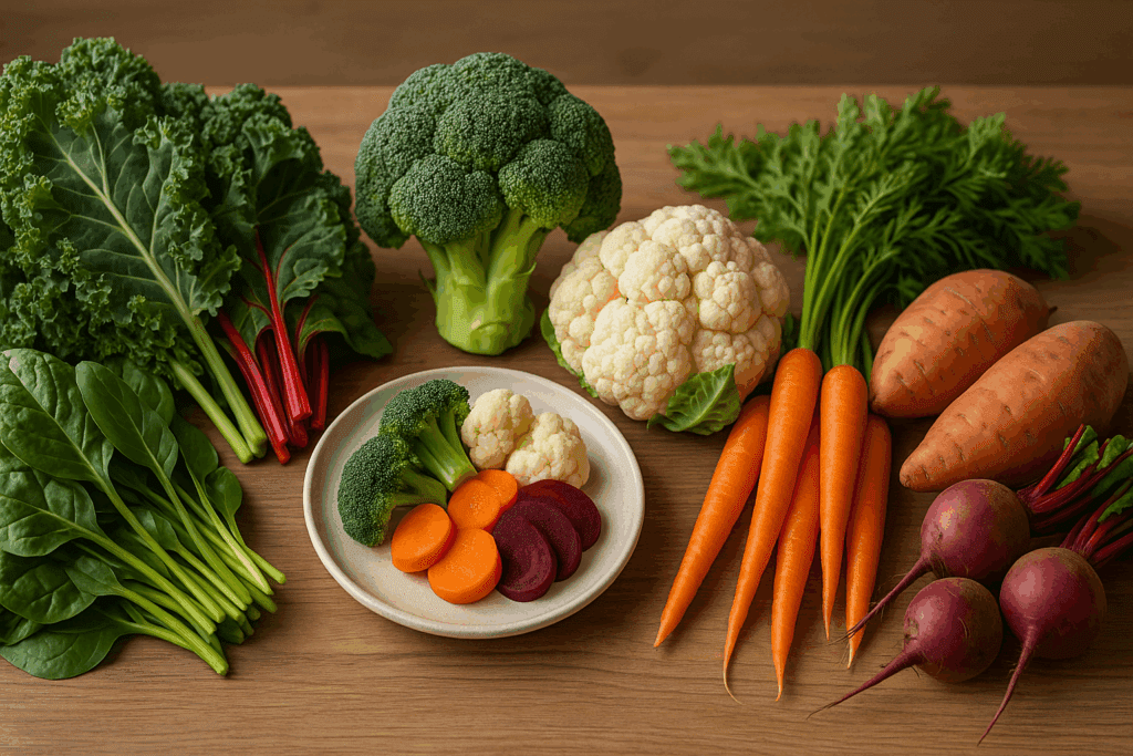 The Essential Guide to Foods That Help Digestion Naturally: Proven Ways to Support a Sluggish Gut with Powerful Nutrition 1 Farm-fresh display of kale, spinach, broccoli, cauliflower, and other foods that help digestion on a rustic wood table.