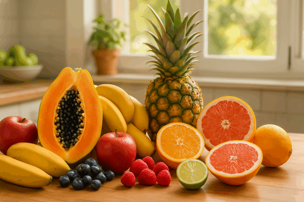 The Essential Guide to Foods That Help Digestion Naturally: Proven Ways to Support a Sluggish Gut with Powerful Nutrition 2 Tropical and citrus fruits like papaya, pineapple, bananas, and berries displayed on a sunny kitchen counter, showcasing foods that help digestion.