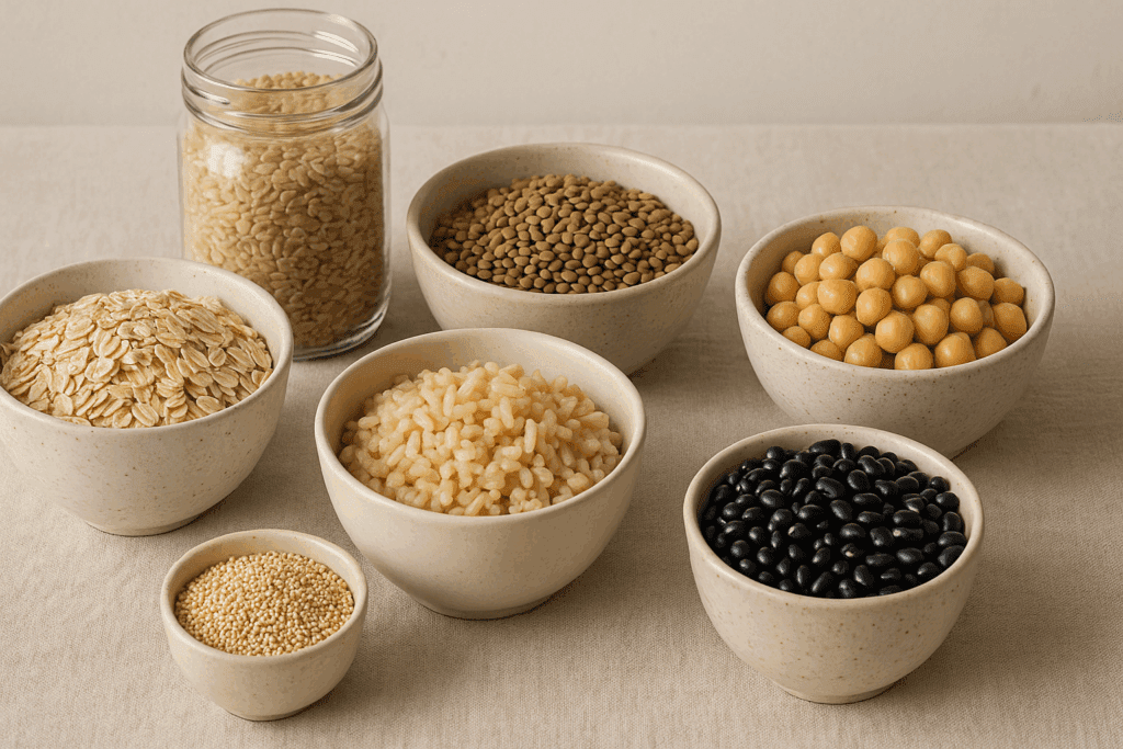 The Essential Guide to Foods That Help Digestion Naturally: Proven Ways to Support a Sluggish Gut with Powerful Nutrition 3 Ceramic bowls and glass jars filled with oats, brown rice, lentils, chickpeas, quinoa, and black beans—fiber-rich foods that help digestion naturally.