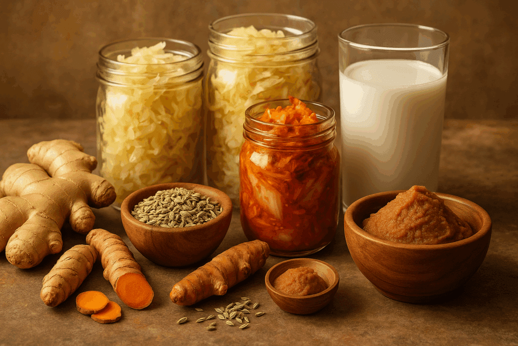 The Essential Guide to Foods That Help Digestion Naturally: Proven Ways to Support a Sluggish Gut with Powerful Nutrition 4 Fermented foods and spices like fresh ginger, turmeric root, fennel seeds, sauerkraut, kimchi, kefir, and miso arranged on a rustic counter—foods that help digestion.