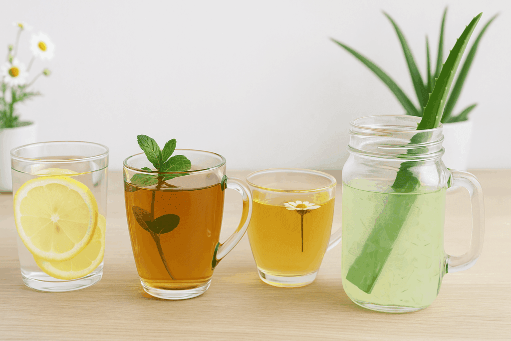 The Essential Guide to Foods That Help Digestion Naturally: Proven Ways to Support a Sluggish Gut with Powerful Nutrition 5 Lemon water, peppermint tea, chamomile tea, bone broth, and aloe vera juice on a light wooden table—hydrating foods that help digestion in a calming setting.
