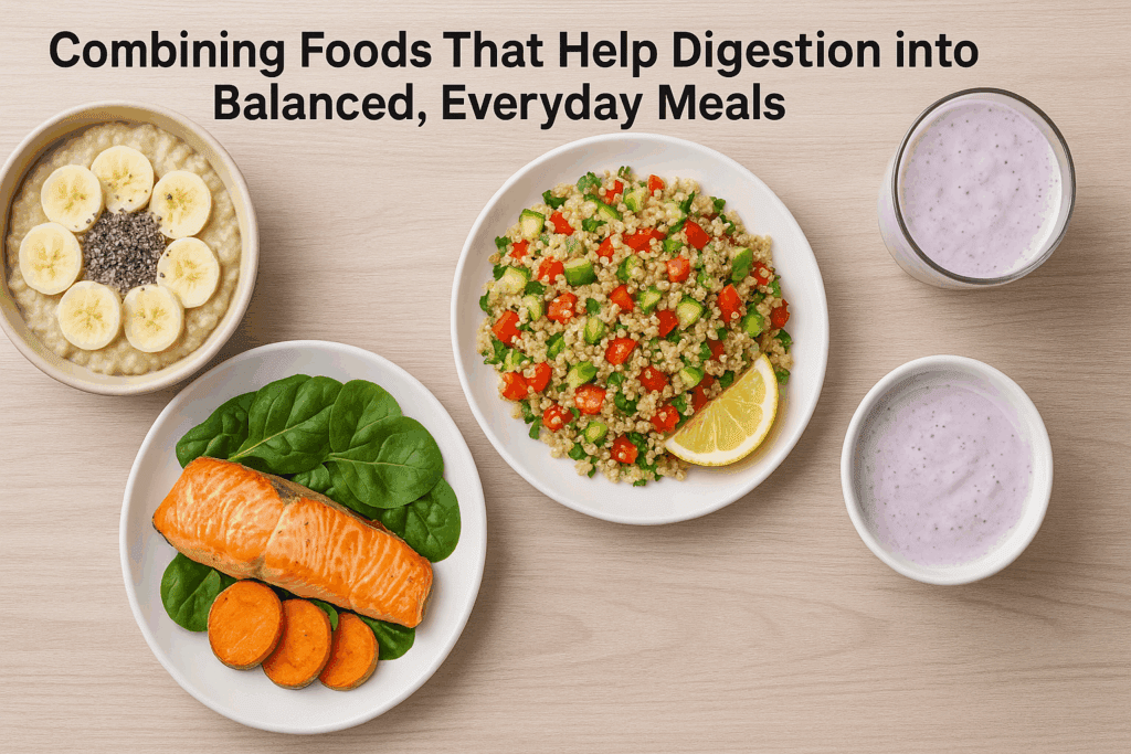 The Essential Guide to Foods That Help Digestion Naturally: Proven Ways to Support a Sluggish Gut with Powerful Nutrition 6 Top-down view of a full day of foods that help digestion, including oatmeal with banana and chia, quinoa salad, grilled salmon with spinach and sweet potatoes, and a kefir smoothie