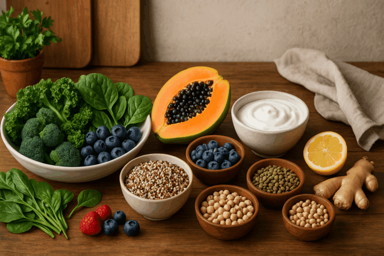Wooden table with leafy greens, berries, papaya, yogurt, quinoa, legumes, and herbal tea—colorful foods that help digestion displayed in natural light.