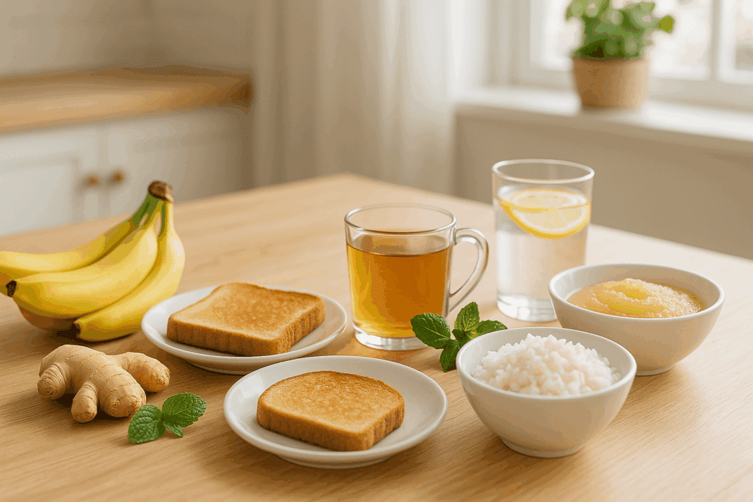 Light wooden kitchen table with fresh foods that help with nausea, including bananas, ginger, peppermint, toast, herbal tea, rice, applesauce, and lemon water.
