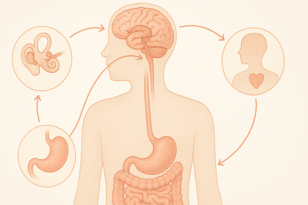The Essential Guide to Foods That Help with Nausea: What to Eat (and Avoid) for Gentle Gut Relief and Recovery 1 Diagram showing how the brain, stomach, inner ear, and emotions interact to trigger nausea, illustrating the science behind foods that help with nausea