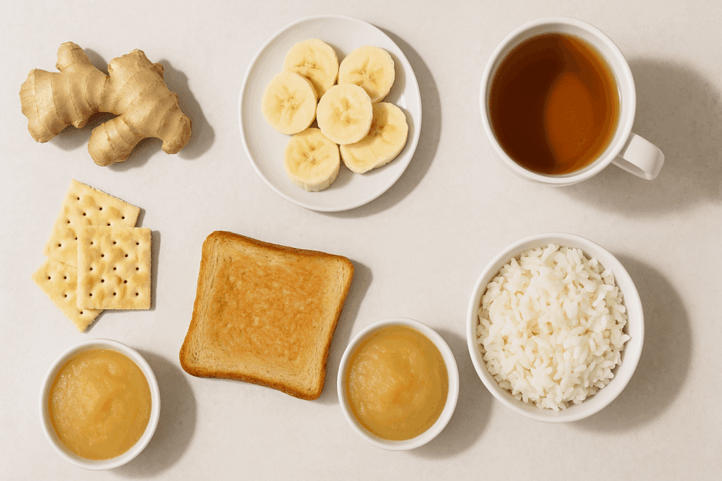 The Essential Guide to Foods That Help with Nausea: What to Eat (and Avoid) for Gentle Gut Relief and Recovery 2 Flat lay of foods that help with nausea including ginger root, banana slices, crackers, toast, white rice, applesauce, and peppermint tea on a neutral background.