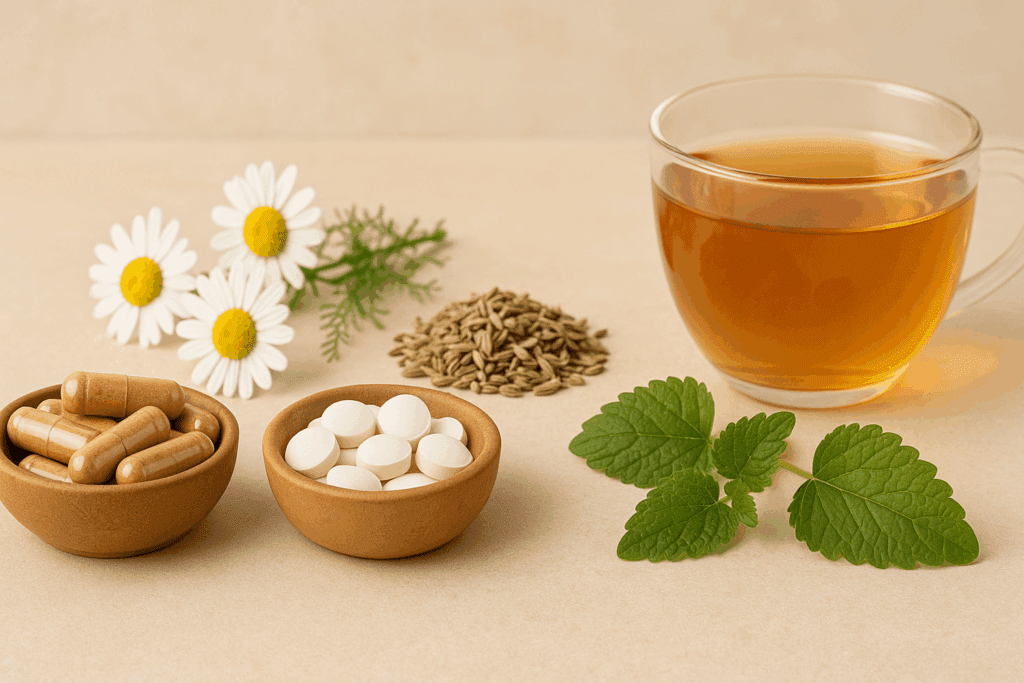 The Essential Guide to Foods That Help with Nausea: What to Eat (and Avoid) for Gentle Gut Relief and Recovery 4 Holistic still life featuring foods that help with nausea, including ginger capsules, vitamin B6 tablets, chamomile, fennel seeds, lemon balm, and herbal tea.