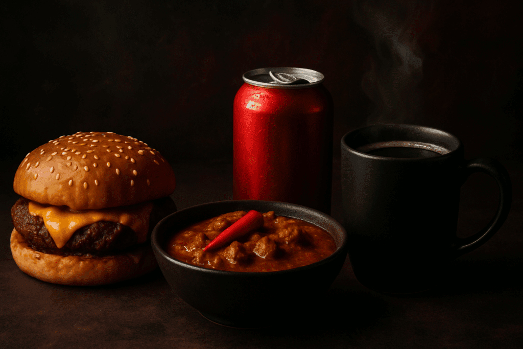 The Essential Guide to Foods That Help with Nausea: What to Eat (and Avoid) for Gentle Gut Relief and Recovery 5 Greasy burger, spicy curry, soda, and hot coffee on a dark backdrop representing foods that help with nausea to avoid for relief.
