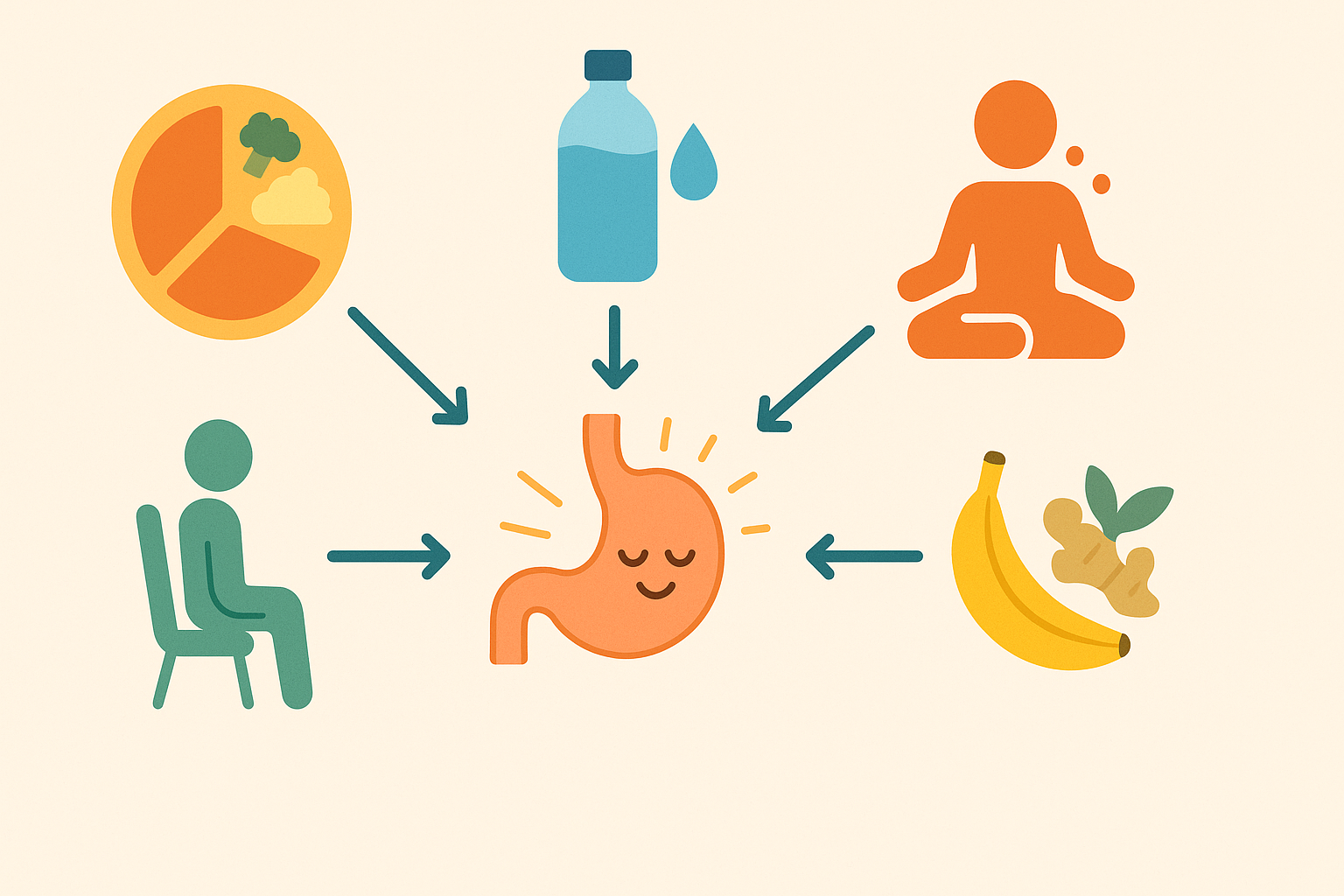 The Essential Guide to Foods That Help with Nausea: What to Eat (and Avoid) for Gentle Gut Relief and Recovery 6 Flat-style infographic showing five preventive strategies including posture, hydration, stress relief, and foods that help with nausea like ginger and bananas