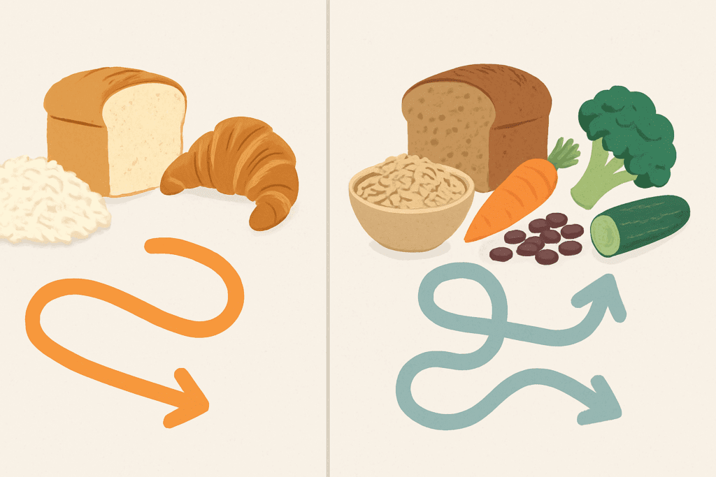 Side-by-side illustration comparing refined carbs like white bread and rice with high fiber carbs such as whole grain bread, oats, beans, and vegetables