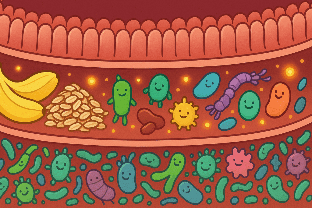 Cross-section of a healthy human gut showing smiling microbes interacting with high fiber carbs like oats, bananas, and beans, producing glowing SCFAs.