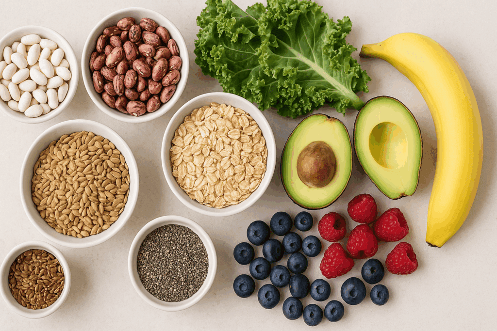 Top-down view of high fiber carbs including beans, kale, oats, flax and chia seeds, whole grains, berries, avocado, and banana on a kitchen counter.