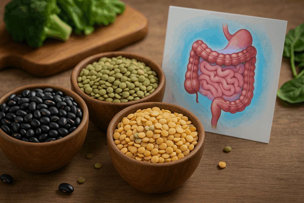 Rustic bowls of black beans, lentils, and split peas on a wooden table, with a gut health diagram in the background representing benefits of high fiber carbs.