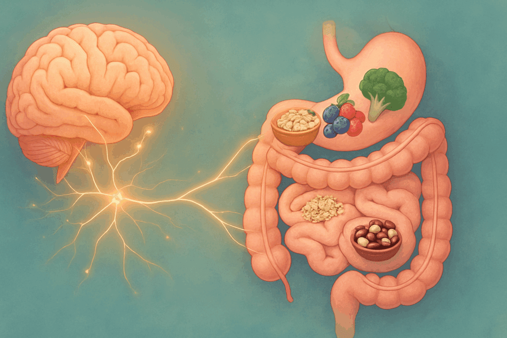 Brain connected to digestive tract through glowing nerves, with high fiber carbs like oats, beans, and berries along the intestines.