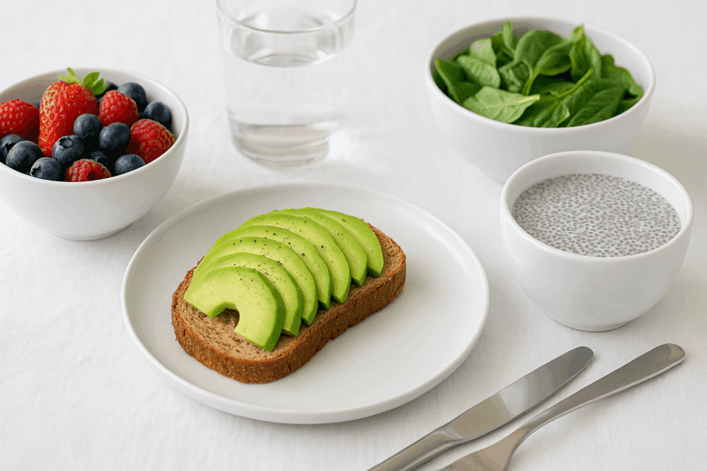 Balanced breakfast featuring high fiber carbs like avocado toast on whole grain bread, chia pudding, berries, and leafy greens