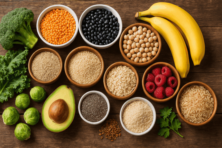 Overhead view of high fiber carbs like lentils, black beans, quinoa, oats, kale, bananas, raspberries, and chia seeds on a rustic wooden table.