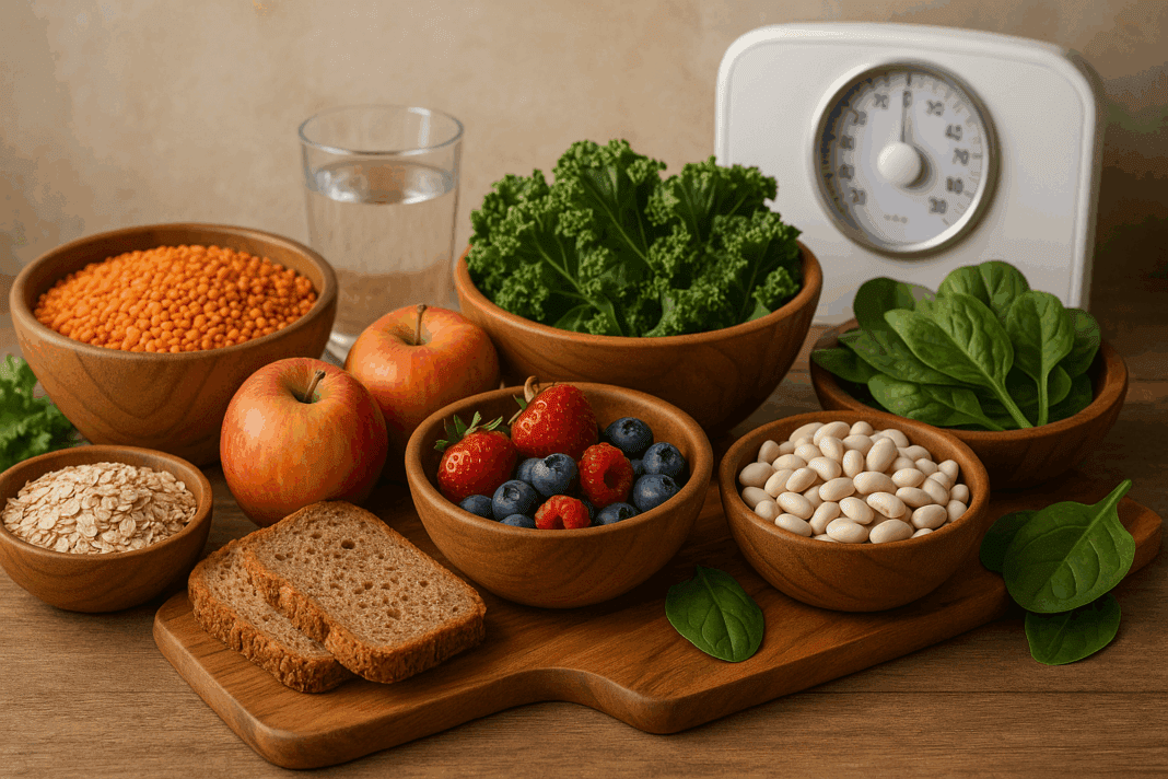 Wholesome spread of high-fiber foods including lentils, oats, beans, apples, leafy greens, and whole grain bread with a scale and water glass in the background, illustrating how much fiber per day for weight loss.
