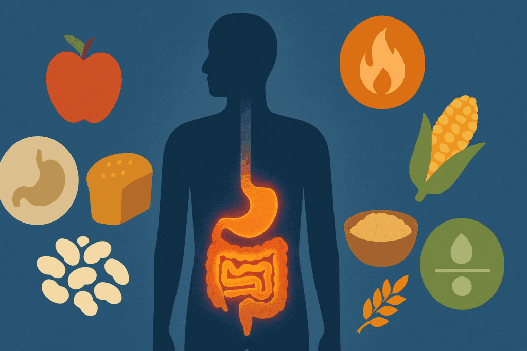 The Essential Guide to High Fiber Diets for Weight Loss: How Much Fiber Per Day Is Right for You? 2 Glowing human digestive system surrounded by high-fiber foods like beans, grains, fruits, and icons symbolizing satiety, fat burning, and balanced blood sugar—conceptual visual for how much fiber per day for weight loss.