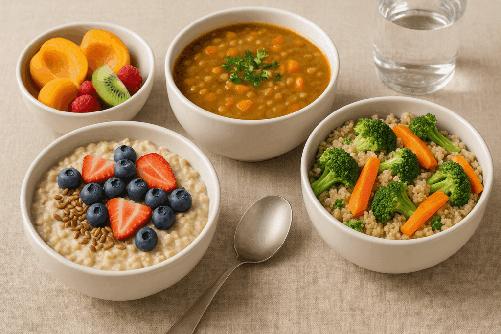 The Essential Guide to High Fiber Diets for Weight Loss: How Much Fiber Per Day Is Right for You? 3 Balanced high-fiber meal plan with oatmeal, lentil soup, quinoa and vegetables, and fruit—showing how much fiber per day for weight loss