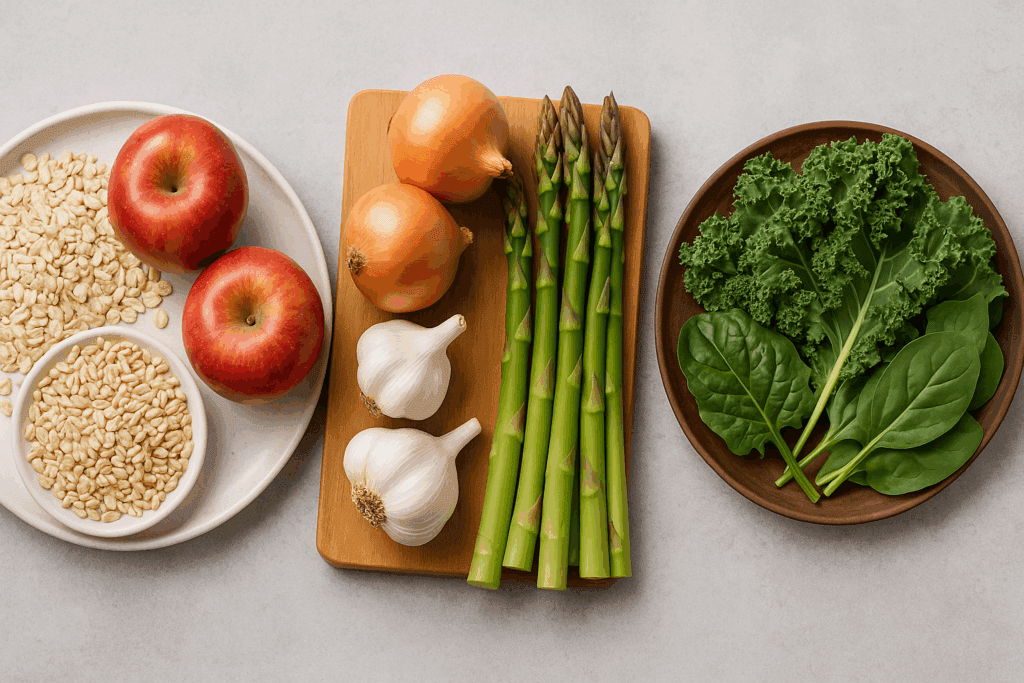 The Essential Guide to High Fiber Diets for Weight Loss: How Much Fiber Per Day Is Right for You? 4 "Assorted high-fiber foods including oats, apples, garlic, asparagus, and leafy greens displayed on plates, illustrating how much fiber per day for weight loss"