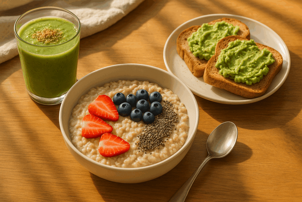 The Essential Guide to High Fiber Diets for Weight Loss: How Much Fiber Per Day Is Right for You? 5 High-fiber breakfast with oatmeal, chia seeds, fruit, green smoothie, and avocado toast for how much fiber per day for weight loss