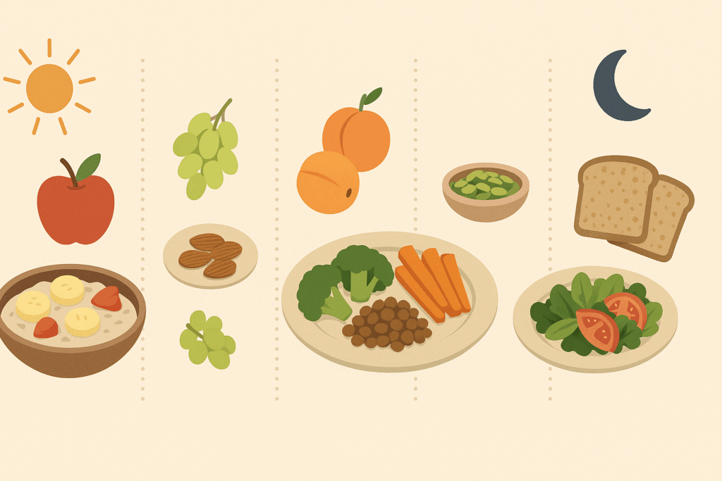 The Essential Guide to High Fiber Diets for Weight Loss: How Much Fiber Per Day Is Right for You? 6 Infographic-style illustration showing a balanced daily meal plan with high-fiber foods like fruits, legumes, nuts, and leafy greens to visually represent how much fiber per day for weight loss