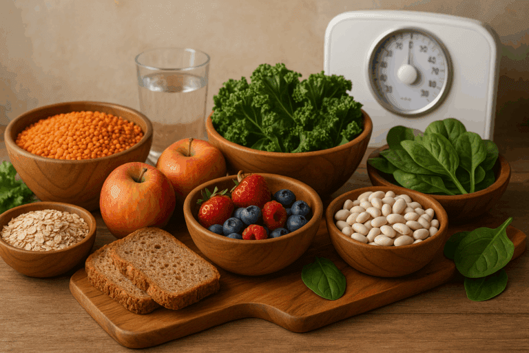 Wholesome spread of high-fiber foods including lentils, oats, beans, apples, leafy greens, and whole grain bread with a scale and water glass in the background, illustrating how much fiber per day for weight loss.