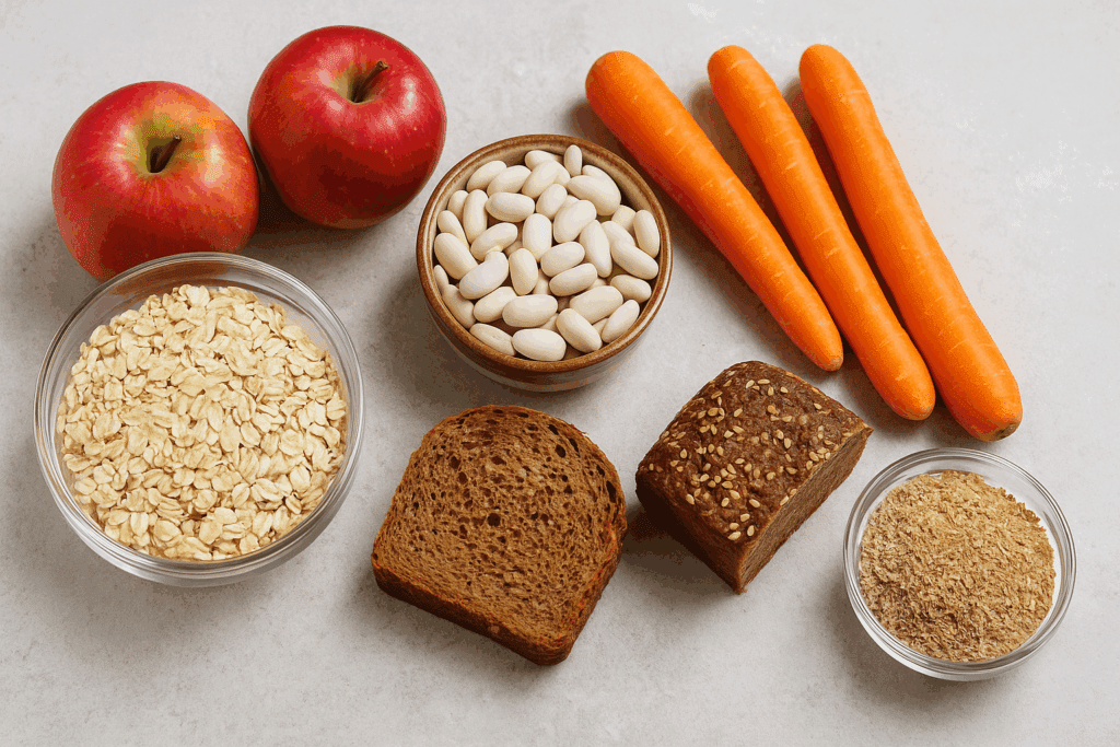 The Essential Guide to High Fiber Foods for Diabetics: How the Best Fiber for Blood Sugar Control Supports Gut Health Naturally 1 Top-down view of high fiber foods for diabetics, including oats, apples, beans, carrots, whole grain bread, and bran on a kitchen counter.