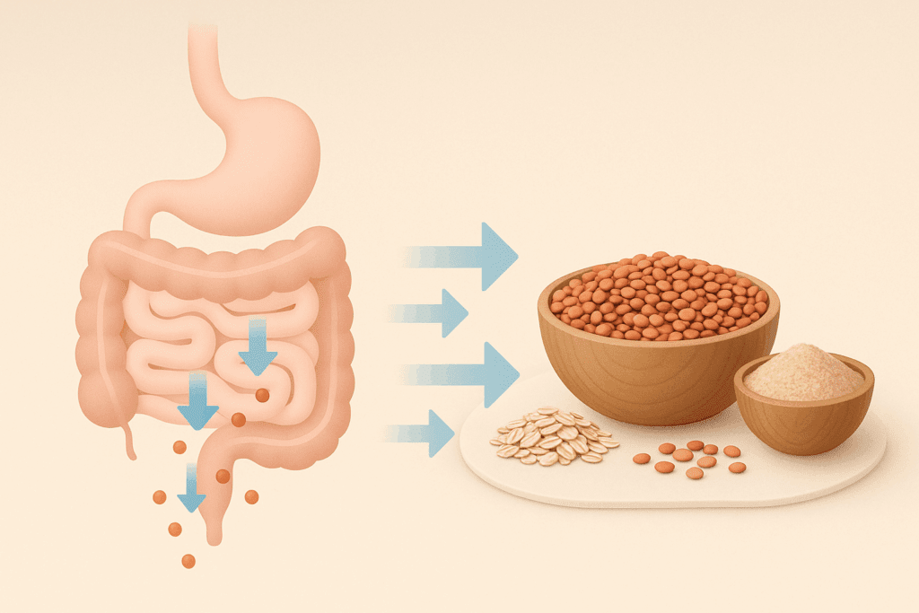 The Essential Guide to High Fiber Foods for Diabetics: How the Best Fiber for Blood Sugar Control Supports Gut Health Naturally 2 Stylized digestive system illustrating slowed glucose absorption with high fiber foods for diabetics like lentils, oats, and psyllium husk