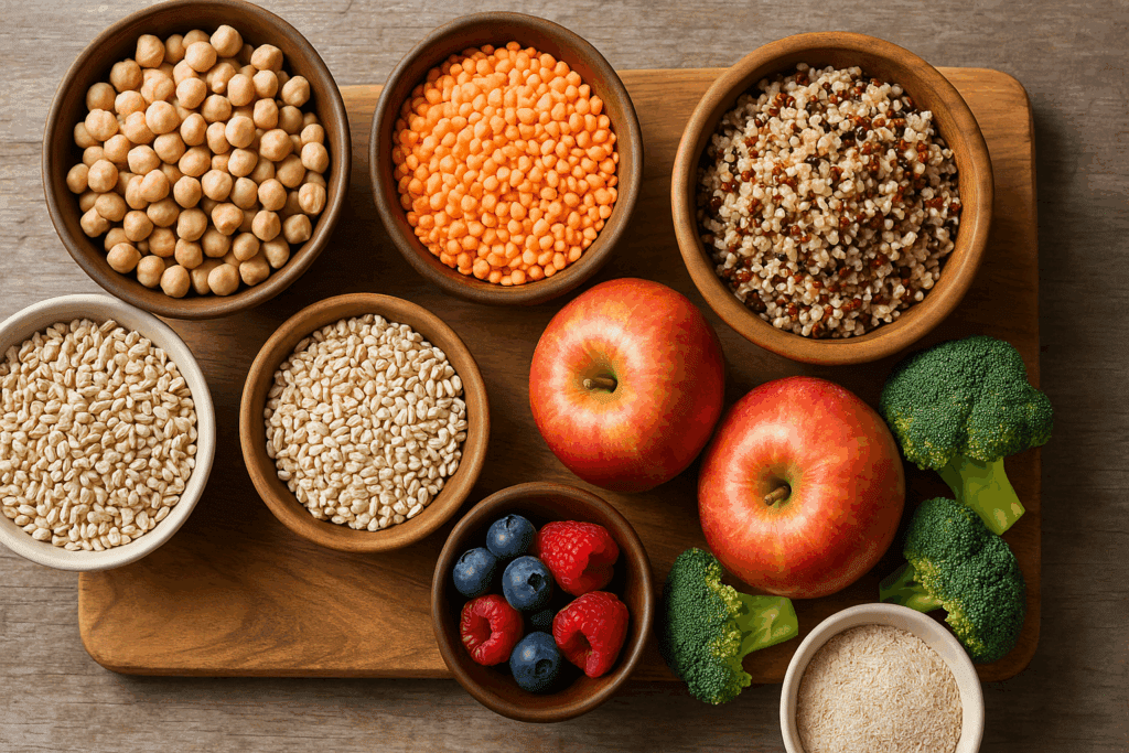 The Essential Guide to High Fiber Foods for Diabetics: How the Best Fiber for Blood Sugar Control Supports Gut Health Naturally 4 Assorted high fiber foods for diabetics, including chickpeas, lentils, quinoa, berries, apples, broccoli, barley, and psyllium husk on a rustic wooden board
