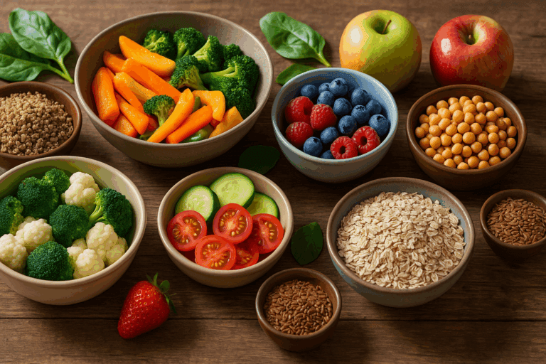 Colorful spread of high fiber foods for diabetics including broccoli, carrots, oats, chickpeas, berries, and apples on a rustic wooden table.