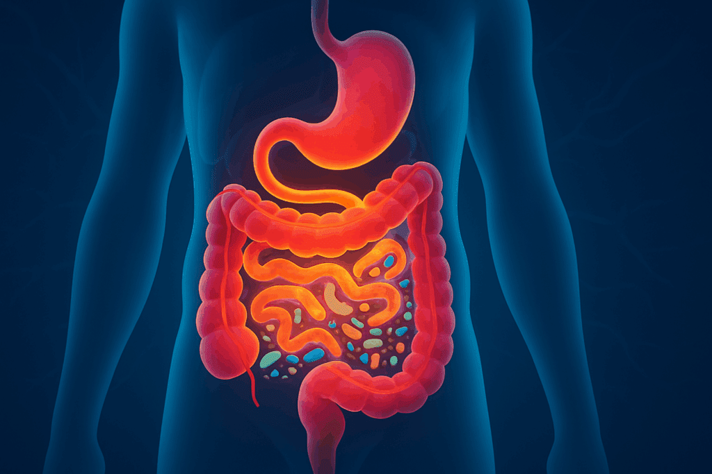 The Essential Guide to High Fiber Foods for Gut Health: How to Get More Fiber in Your Diet Naturally and Effectively 1 Stylized medical illustration of the human digestive system showing fiber’s path through the intestines and a healthy gut microbiome, representing how to get more fiber in your diet.