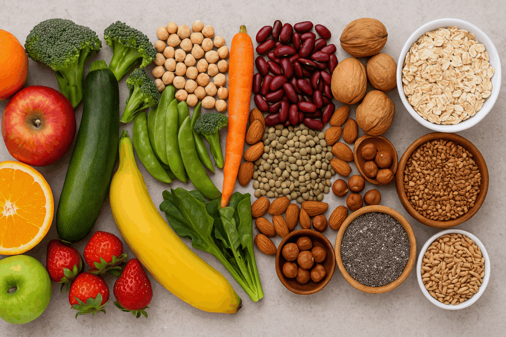 The Essential Guide to High Fiber Foods for Gut Health: How to Get More Fiber in Your Diet Naturally and Effectively 2 Colorful flat lay of fruits, vegetables, legumes, nuts, seeds, and grains showing how to get more fiber in your diet with whole food variety.