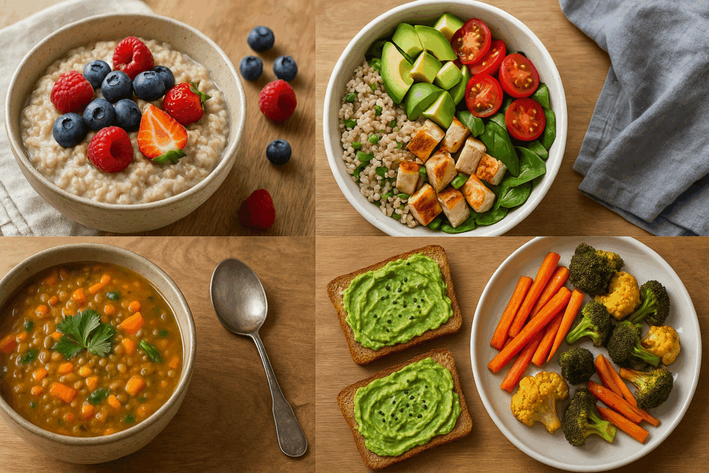 The Essential Guide to High Fiber Foods for Gut Health: How to Get More Fiber in Your Diet Naturally and Effectively 3 Fiber-rich meals showing how to get more fiber in your diet: oatmeal, quinoa bowl, lentil soup, avocado toast, veggies.