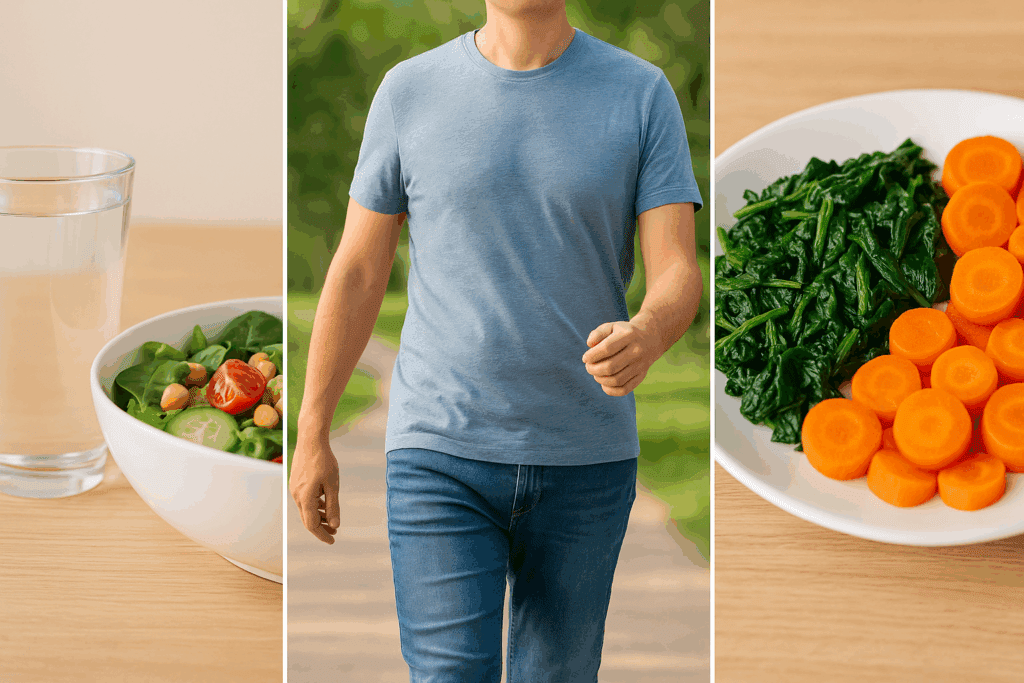 The Essential Guide to High Fiber Foods for Gut Health: How to Get More Fiber in Your Diet Naturally and Effectively 5 Healthy lifestyle tips showing how to get more fiber in your diet with a glass of water and salad, post-meal walk, and cooked spinach and carrots