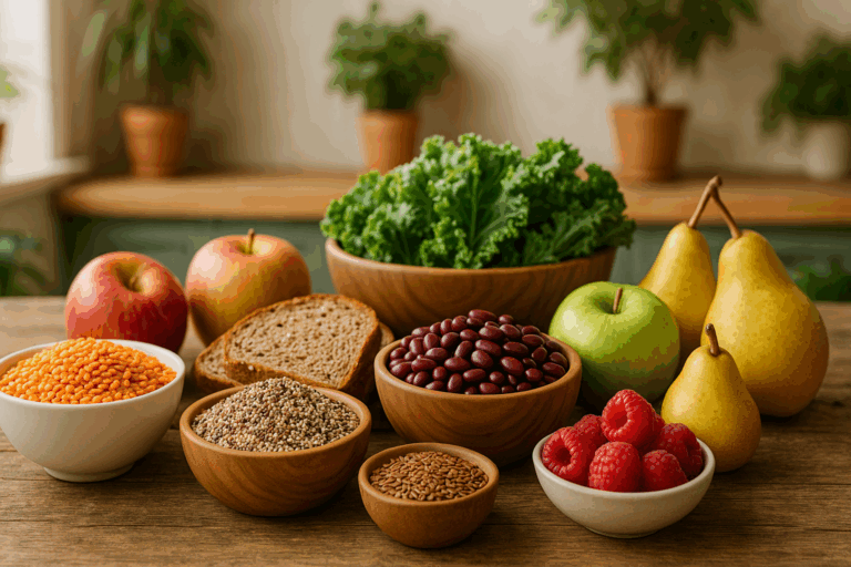 Rustic kitchen table with high-fiber foods like lentils, quinoa, apples, pears, leafy greens, and whole grain bread showing how to get more fiber in your diet.