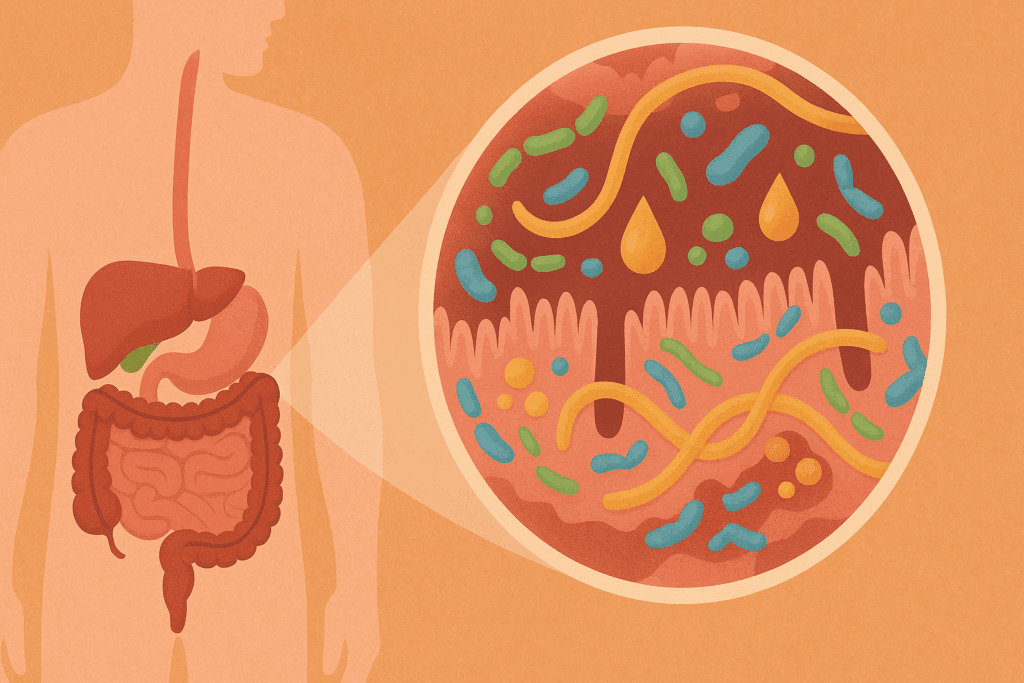 Cutaway illustration of the human digestive system showing gut microbiota and dietary fiber activity, supporting benefits of high fiber nuts for gut health.