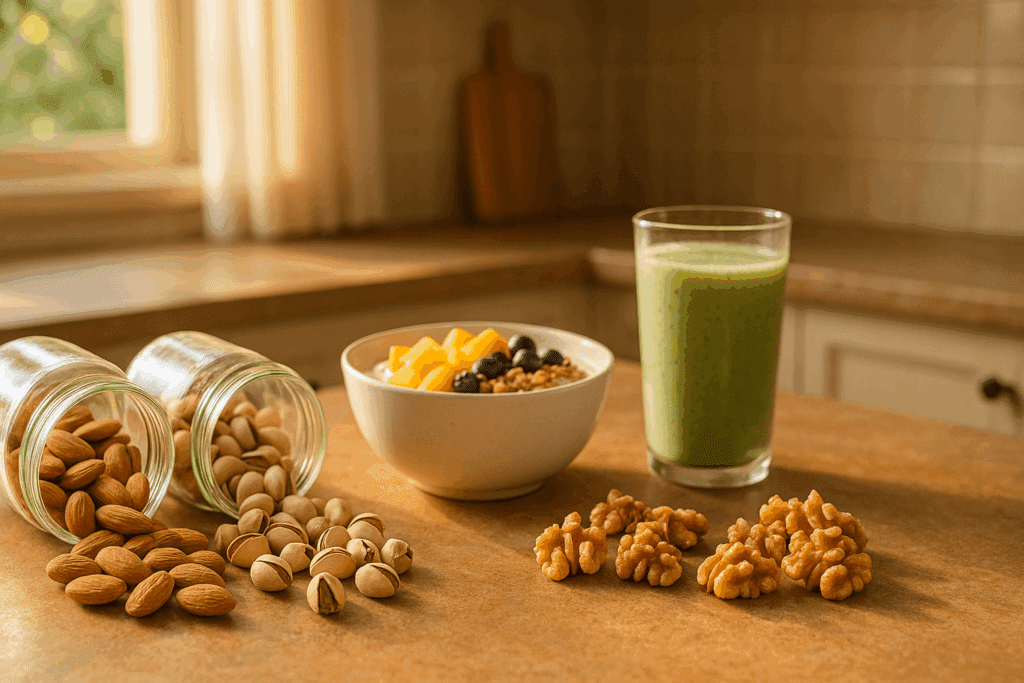 Almonds, pistachios, and walnuts spilled from jars beside a yogurt bowl and green smoothie, showcasing high fiber nuts for gut health.
