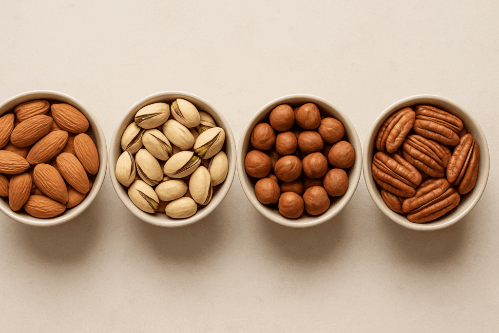 Bowls of high fiber nuts including almonds, pistachios, hazelnuts, and pecans arranged side by side on a neutral background.