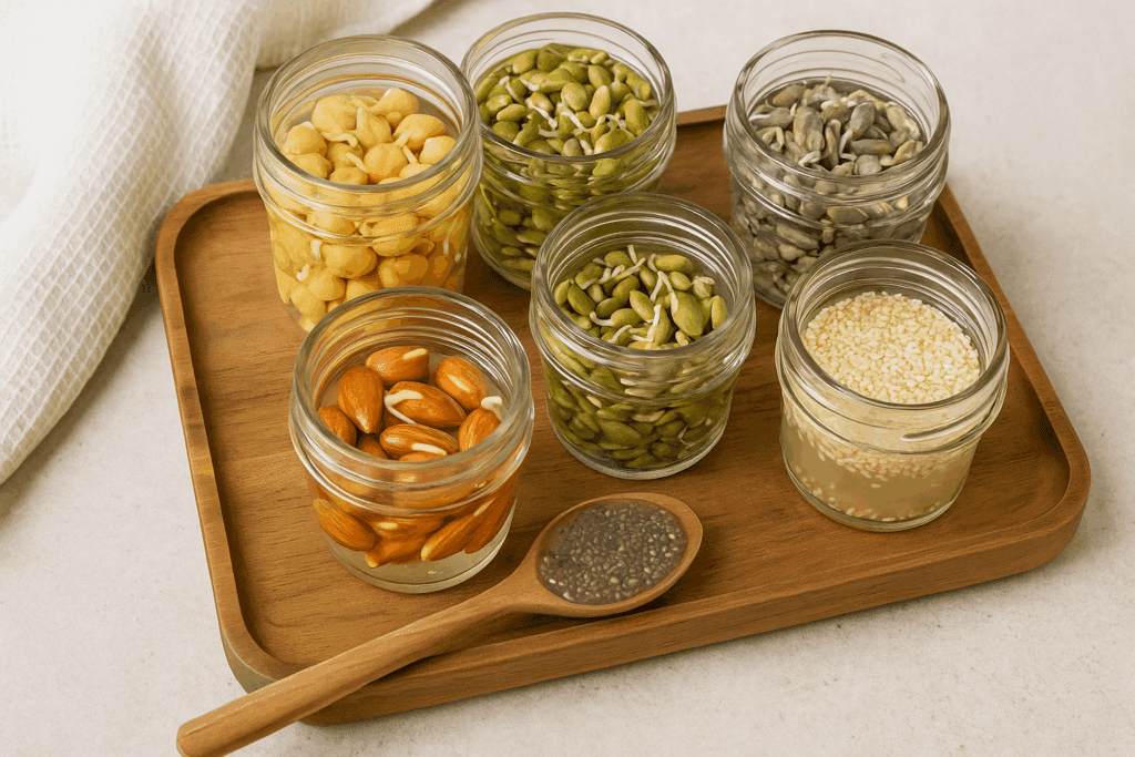 Soaked and sprouted high fiber nuts and seeds in glass jars on a wooden tray with a spoonful of chia gel in a natural kitchen setting