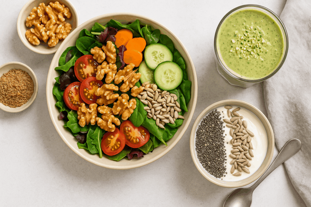 Salad with walnuts, yogurt topped with chia and sunflower seeds, and smoothie with high fiber nuts like flax and hemp on a meal prep table