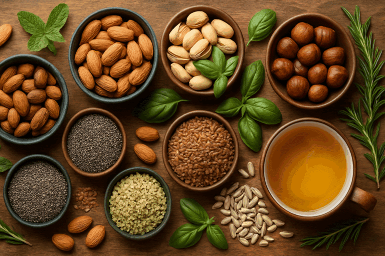 Assorted high fiber nuts and seeds including almonds, pistachios, and flaxseeds arranged in rustic bowls on a wooden table with fresh green herbs.