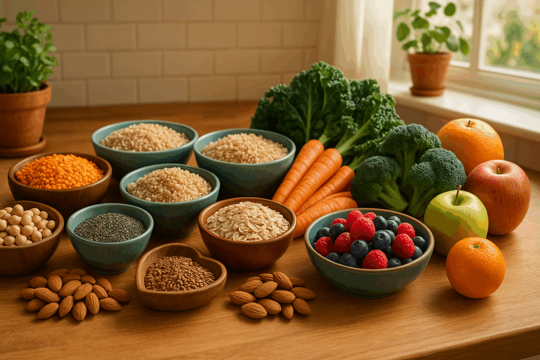 Colorful assortment of ingredients for high fiber recipes for constipation, including lentils, oats, quinoa, carrots, kale, broccoli, apples, oranges, berries, almonds, chia, and flaxseeds on a sunlit kitchen counter.