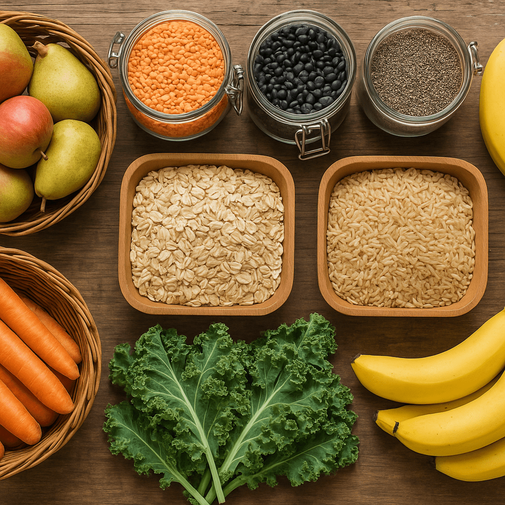 The Essential Guide to High Fiber Recipes for Constipation: Nourishing Meals That Support Gut Health Naturally 2 Top-down view of fresh ingredients for high fiber recipes for constipation, including lentils, chia seeds, oats, fruits, vegetables, and brown rice on a rustic table.