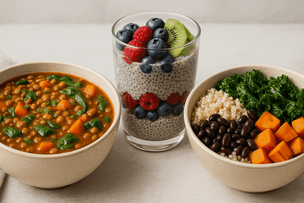 The Essential Guide to High Fiber Recipes for Constipation: Nourishing Meals That Support Gut Health Naturally 3 Three high fiber recipes for constipation, including lentil-vegetable stew, chia pudding with berries, and a quinoa-black bean bowl with sweet potato and kale, arranged on a kitchen counter.