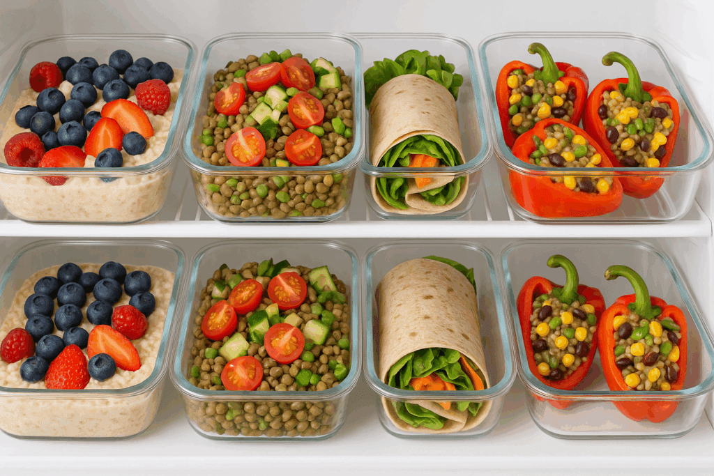 The Essential Guide to High Fiber Recipes for Constipation: Nourishing Meals That Support Gut Health Naturally 4 Meal prep containers filled with high fiber recipes for constipation, including oatmeal with berries, lentil salads, veggie wraps, and stuffed peppers.