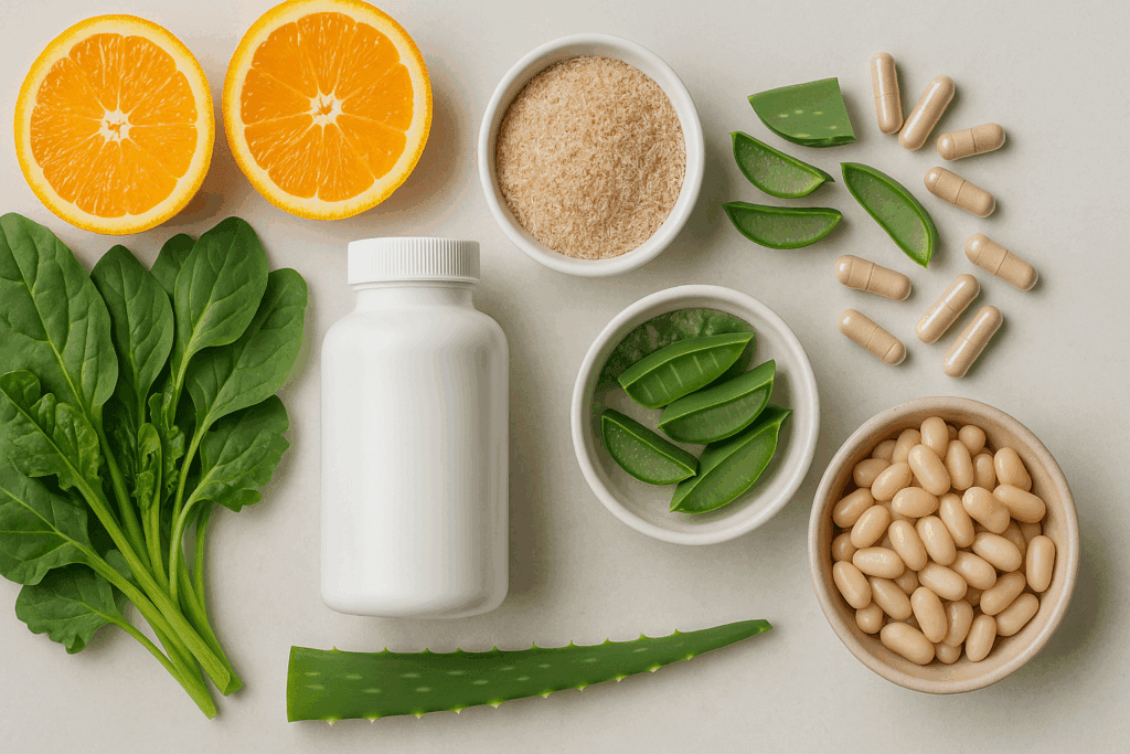 The Essential Guide to High Fiber Recipes for Constipation: Nourishing Meals That Support Gut Health Naturally 6 Flat lay of natural supplements and whole foods like psyllium husk, aloe vera, spinach, beans, and oranges used in high fiber recipes for constipation