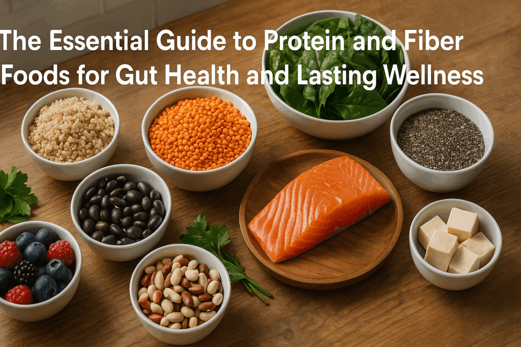 Overhead view of protein and fiber foodac including salmon, tofu, quinoa, lentils, beans, berries, oats, chia seeds, and leafy greens on a rustic wood table.