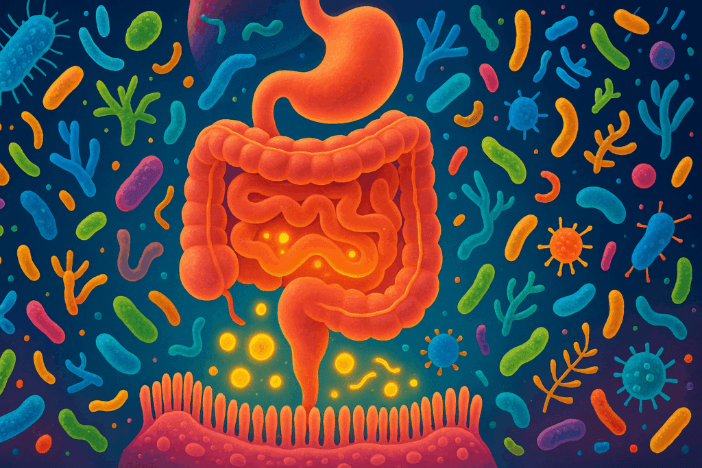 The Essential Guide to Protein and Fiber Foods for Gut Health and Lasting Wellness 1 Abstract illustration of a healthy human digestive system surrounded by colorful gut microbes and glowing short-chain fatty acids, representing a balanced gut microbiome supported by protein and fiber foodac.